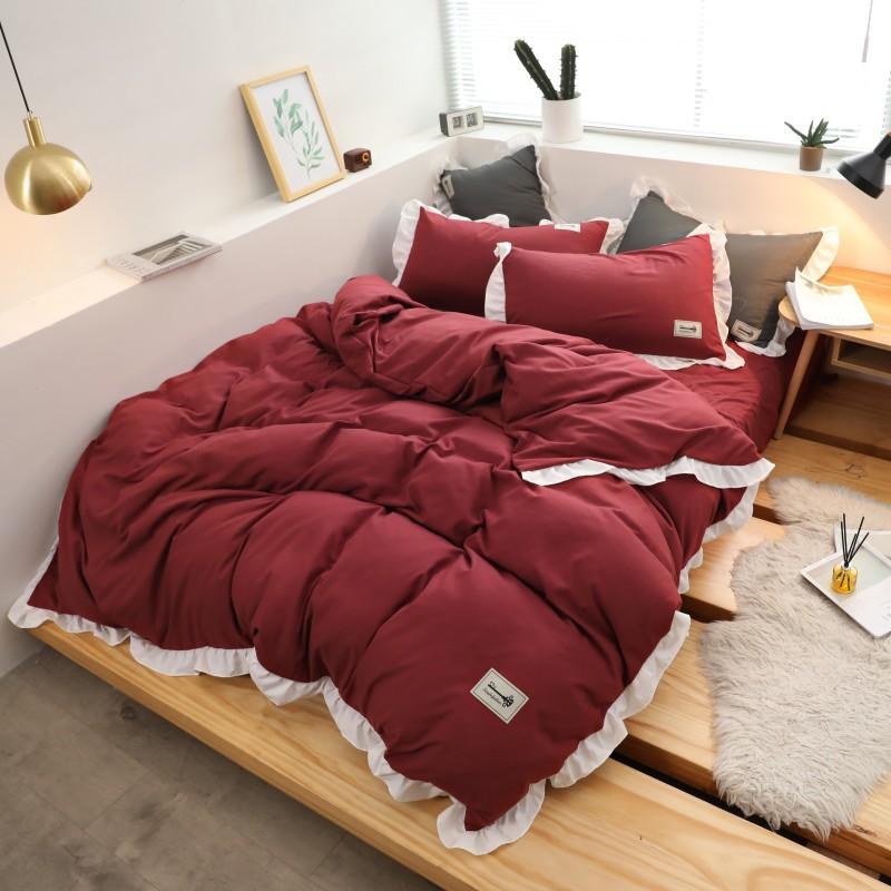 Bộ Chăn Ga Gối Cotton Đũi Viền Bèo - Đỏ Viền Trắng
