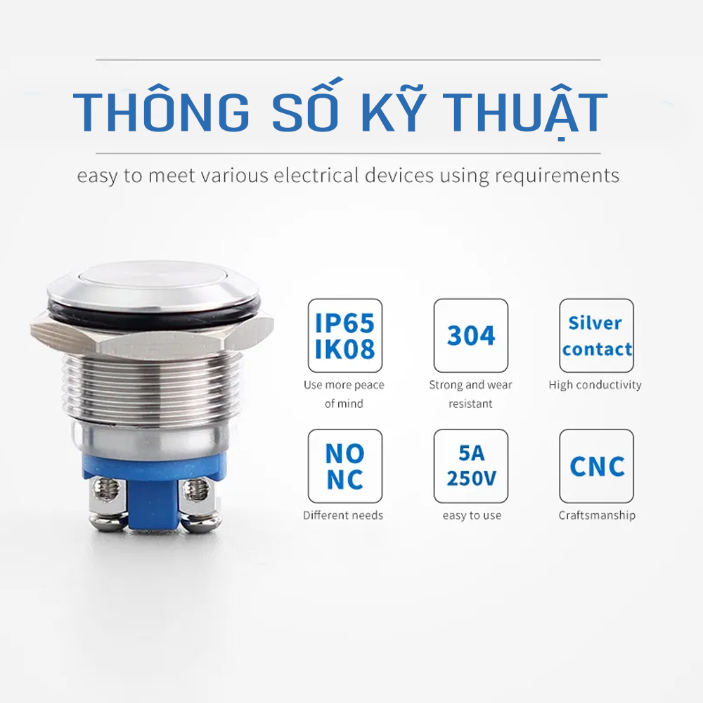 Nút công tắc, Nút nguồn Nhấn nhả, Nhấn đề 16mm  Vỏ INOX chống nước