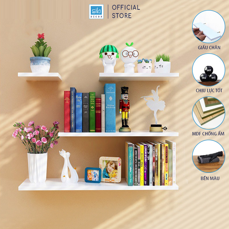 Set 4 Kệ Gỗ Treo Tường Thanh Ngang Trang Trí Phòng Khách Góc Làm Việc Sib Decor Kt001 - 2346 - Trắng