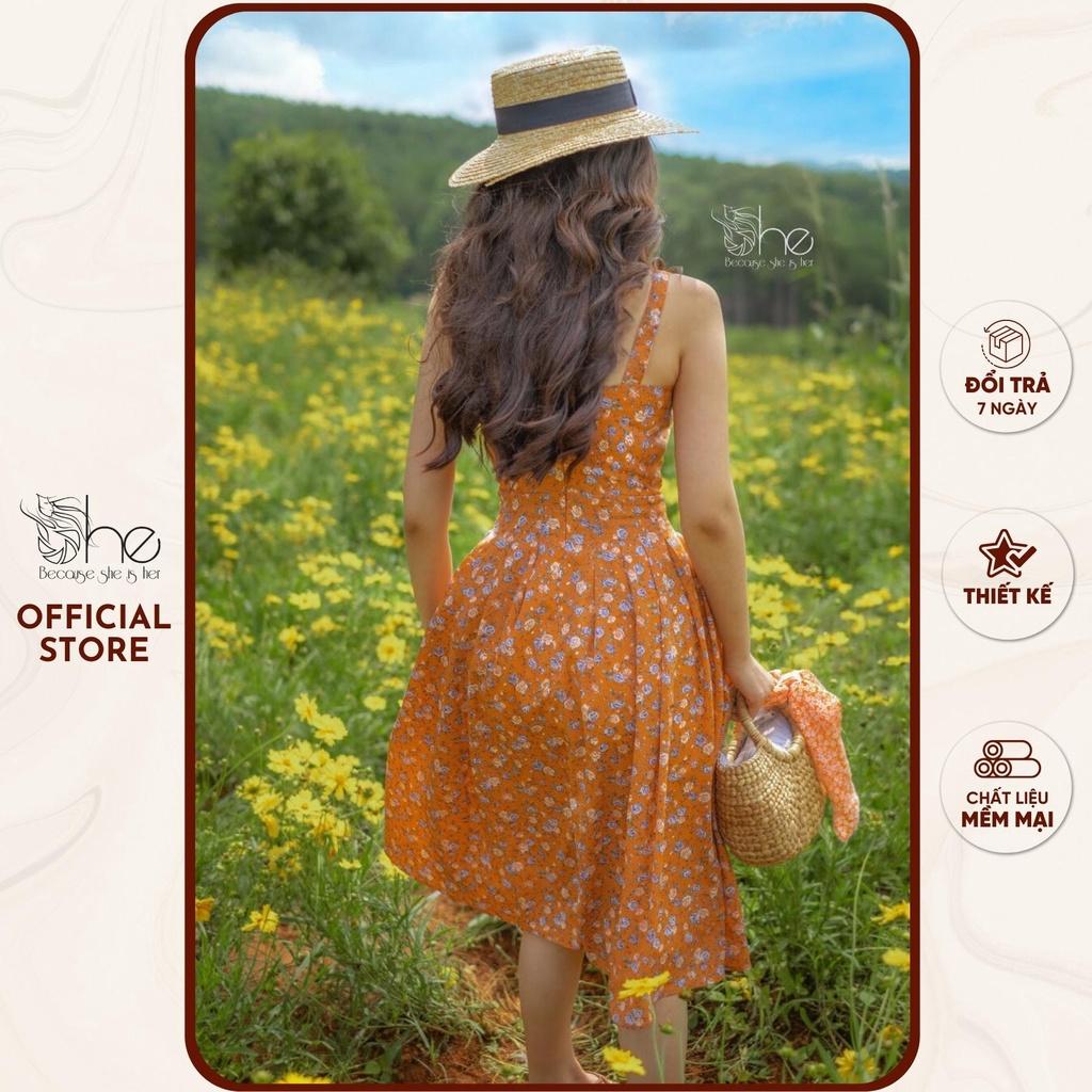 Đầm 2 dây xếp li hoa She, váy 2 dây dáng xòe VINTAGE đi chơi đi biển SDX34
