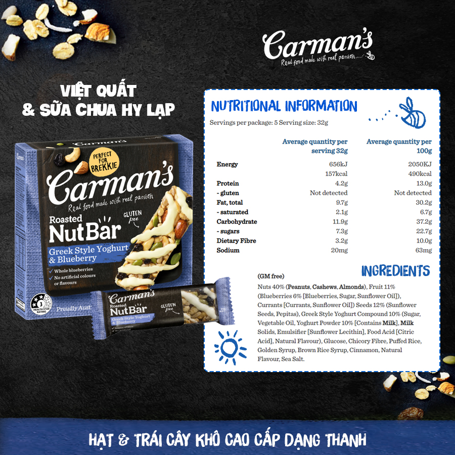 Thanh Hạt Carman's Nut Bar Greek Style Yoghurt, Blueberry - Sữa Chua Hy Lạp, Việt Quất - 160g