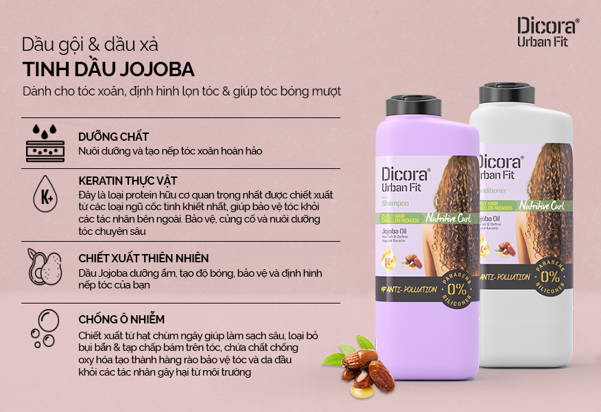 Dầu xả Dicora Urban Fit dành cho tóc xoăn chiết xuất từ Jojoba giúp nuôi dưỡng, óng mượt 400ml