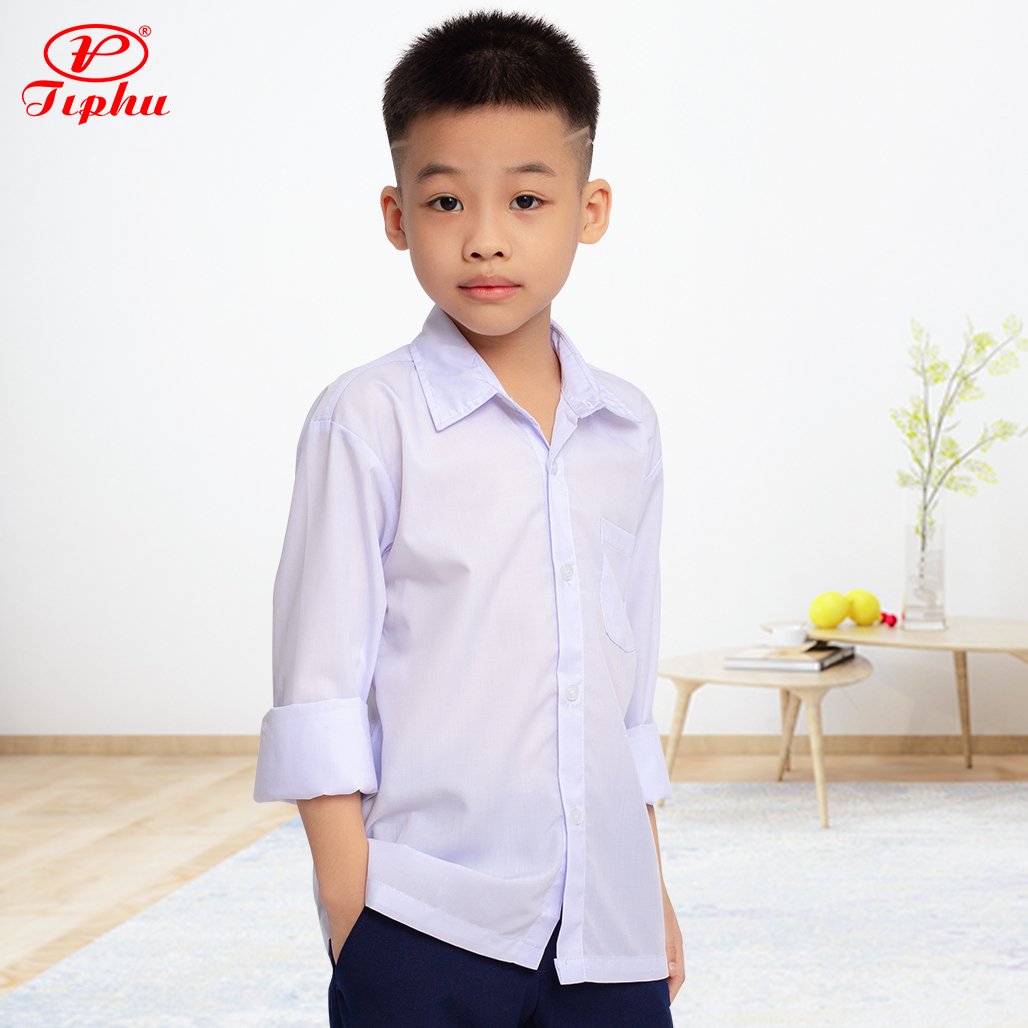 Áo sơmi trắng bé trai tay dài, đồng phục học sinh cấp 1 2, vải KTSilk mềm mại,size từ 6 tuổi trở lên