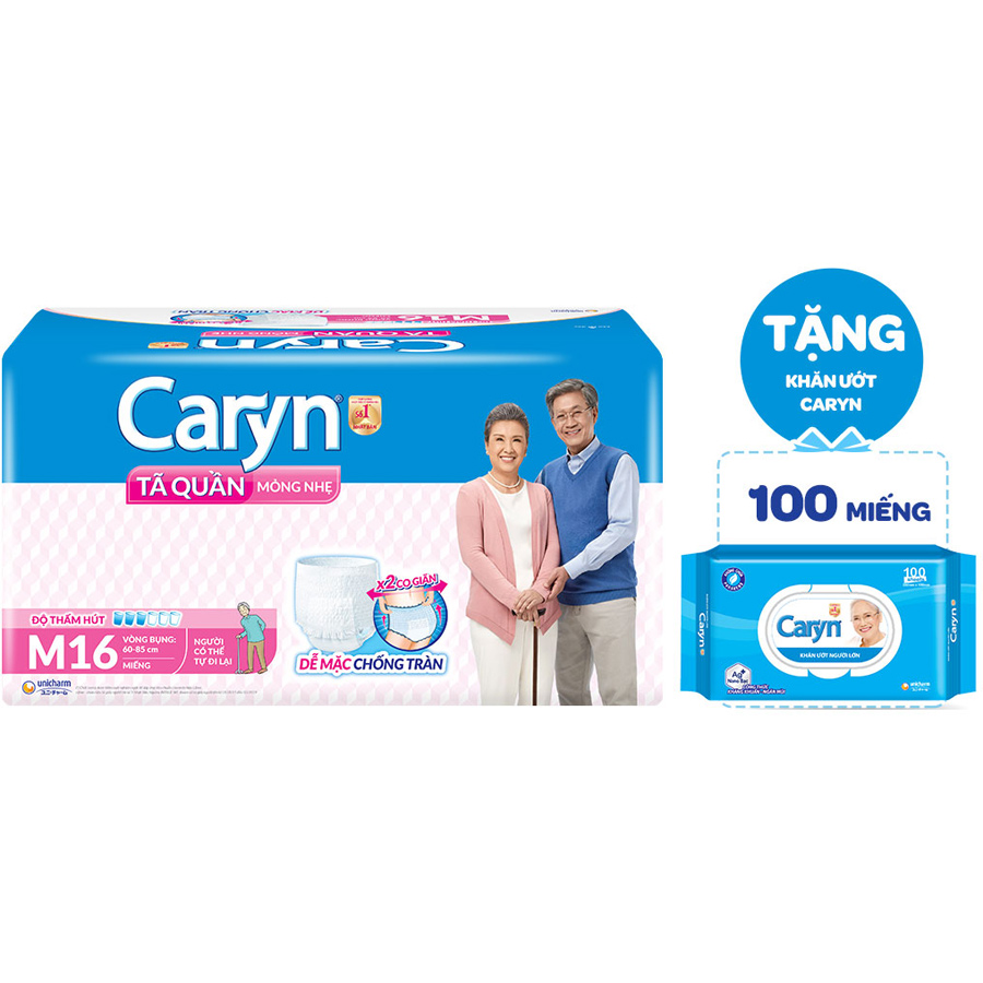 Tã Quần Caryn Loại Mỏng Nhẹ M16 - Tặng 1 Khăn Ướt Caryn