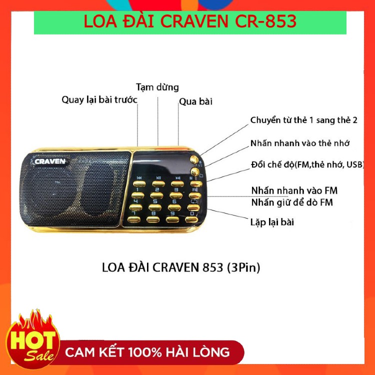 đài FM CRAVEN CR-853, 3 Pin siêu khỏe- Nghe pháp/Bé học tiếng Anh/USB/thẻ nhớ/đài FM-Hàng Chính Hãng