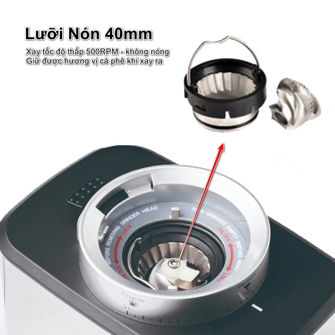 Máy Xay Cà Phê G5 HIGH TECH GATE CG05 Xay Hạt Cafe Pha Espresso, 31 Cấp Độ Xay Từ Thô Đến Mịn, Để Bàn Nhỏ Gọn, Giá Đỡ Tay Cầm 51mm và 58mm Tiện Lợi, Hàng Chính Hãng