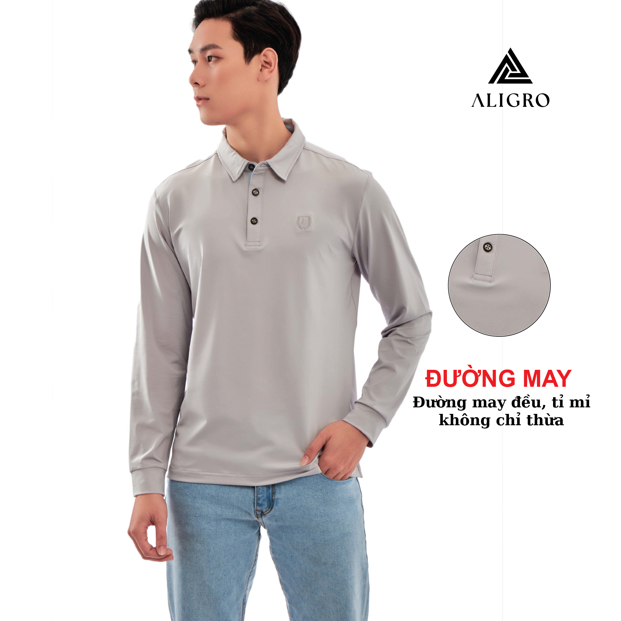 Áo thun nam dài tay ALIGRO chất cotton thấm hút mồ hôi, mềm mại màu ghi ALGAPD051