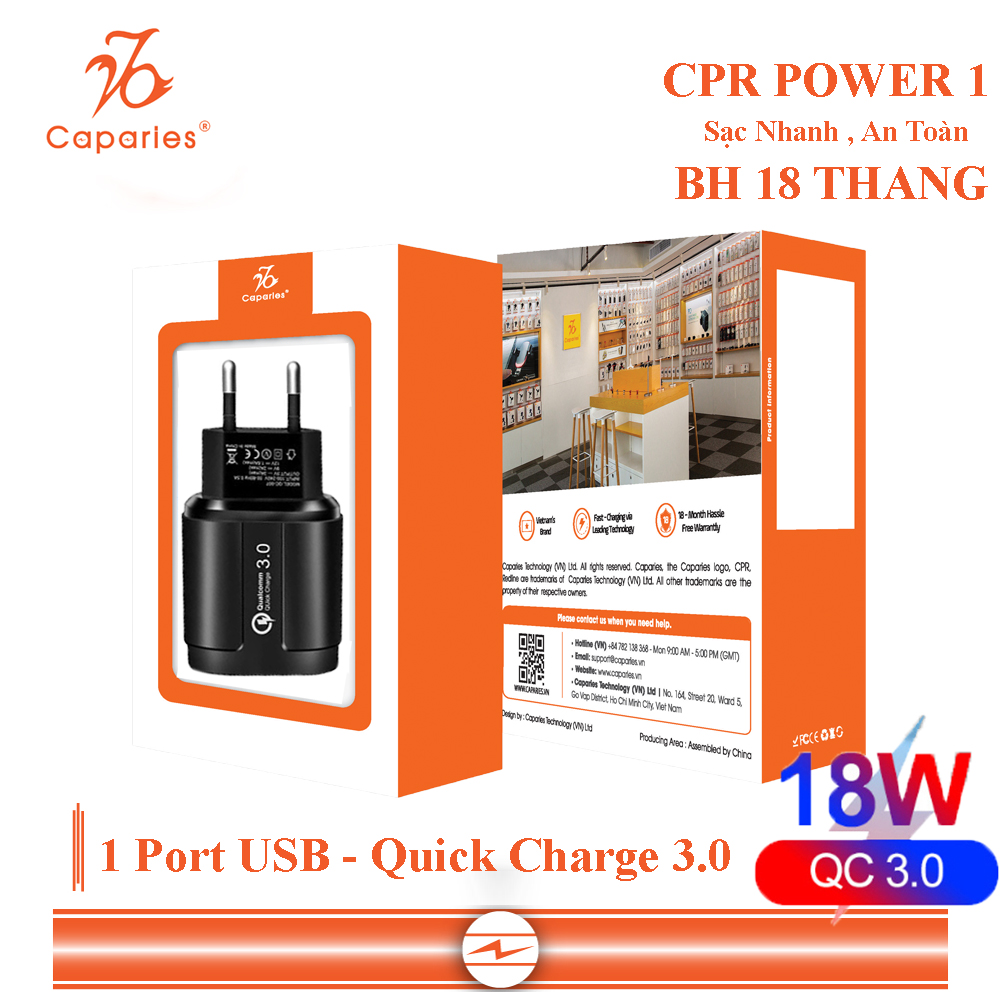 Củ Sạc Nhanh Quick Charge 3.0 Siêu Bền, 1 cổng USB , Chống Nóng, Sạc Nhanh 3.0 - Chính Hãng CAPARIES VIỆT NAM