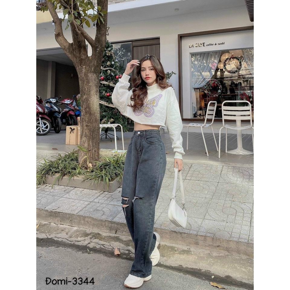 Quần Jean Nữ Ống Rộng Lưng Cao Rách Gối Phong Cách Ulzzang Năng Động, Chất Bò Dày Dặn 2 Màu Xanh Và Xám NB Stores