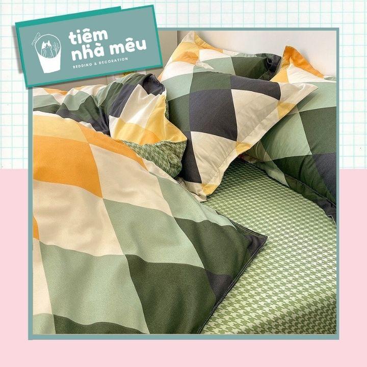 Bộ Chăn Ga Gối Cotton 3D m6/m8/2m - Full size Tiệm Nhà Mêu 2 Vỏ gối ,drap , vỏ chăn Cotton Kẻ Xanh Trắng Nhập Khẩu