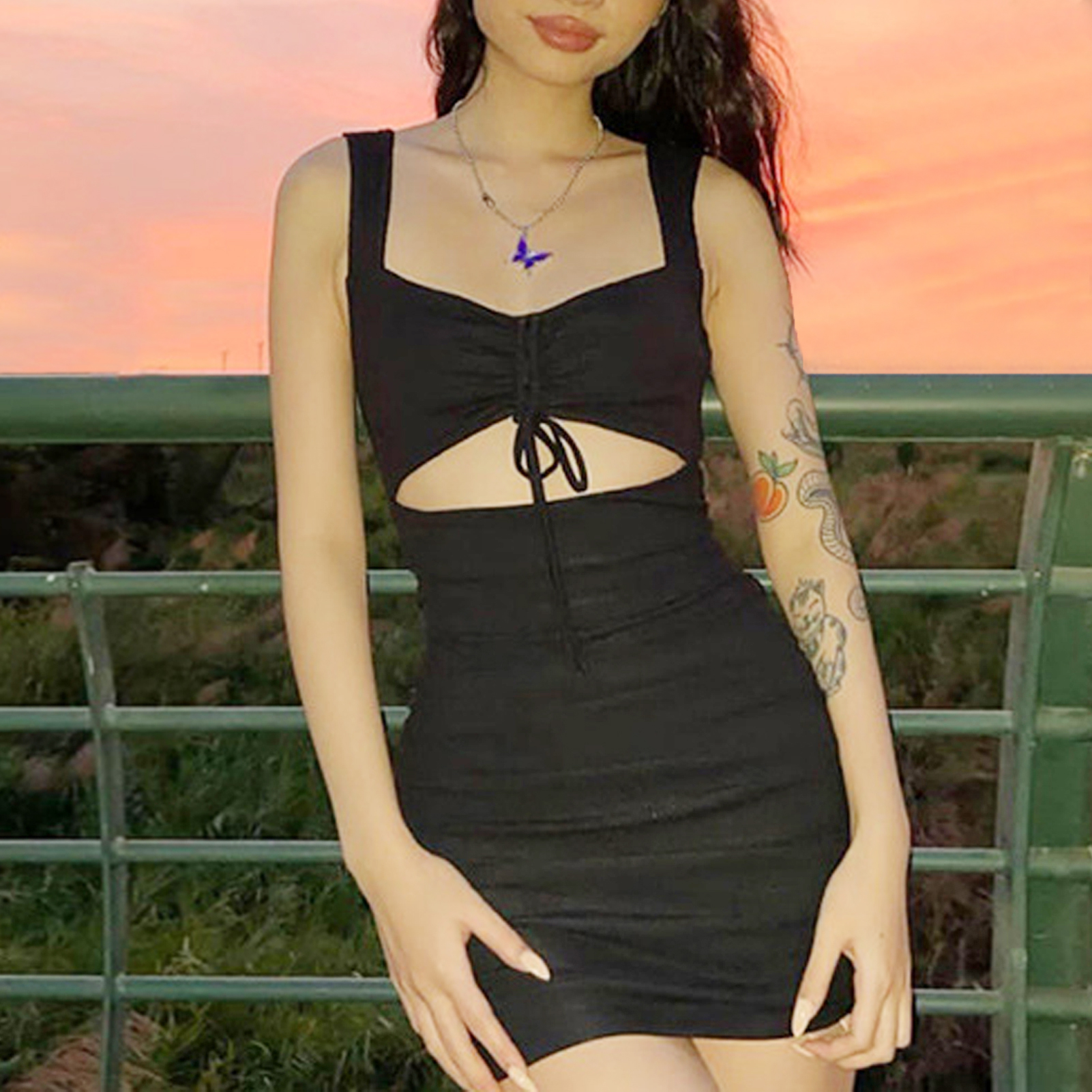 Women Sleeveless Bodycon Dress V Neck Hollow Out High Waist Drawstring Club Party Dress Black