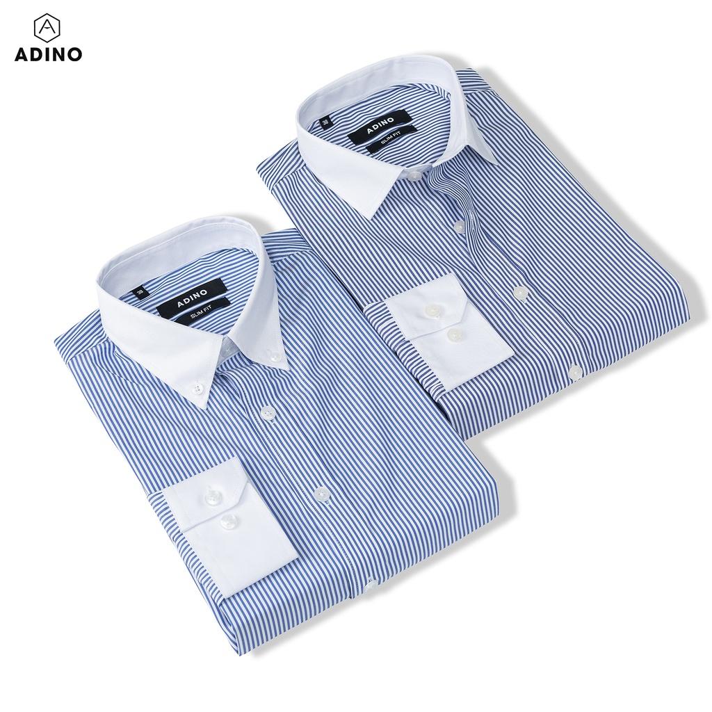 Sơ mi kẻ sọc nam màu xanh biển phối cổ trắng ADINO vải sợi sồi modal polyester mềm mịn dáng slimfit hơi ôm SM11