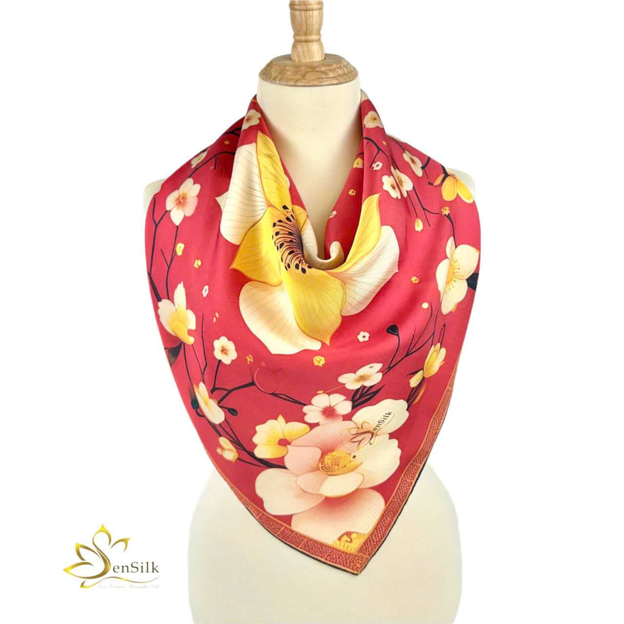 Khăn in Lụa 100% Tơ Tằm SenSilk Hoa Đào - Quà Tặng Doanh Nghiệp Tinh Tế - Square Silk Scarf Printed - Khăn Lụa Tơ Tằm Thuần Việt