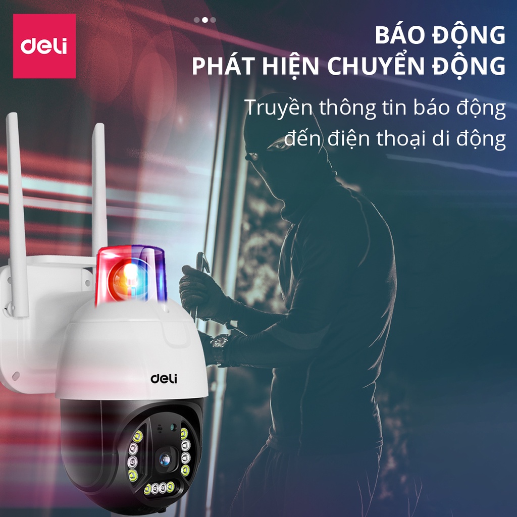 Camera Wifi IP Ngoài Trời Chống Nước PTZ Deli Full HD 1080P Xoay 360 Độ ES103 - Xem Đêm Có Màu - Đàm Thoại Hai Chiều Phát Hiện Chuyển Động - Hàng Chính Hãng - Phù Hợp Giám Sát An Ninh Gia Đình, Công Sở, Trường Học