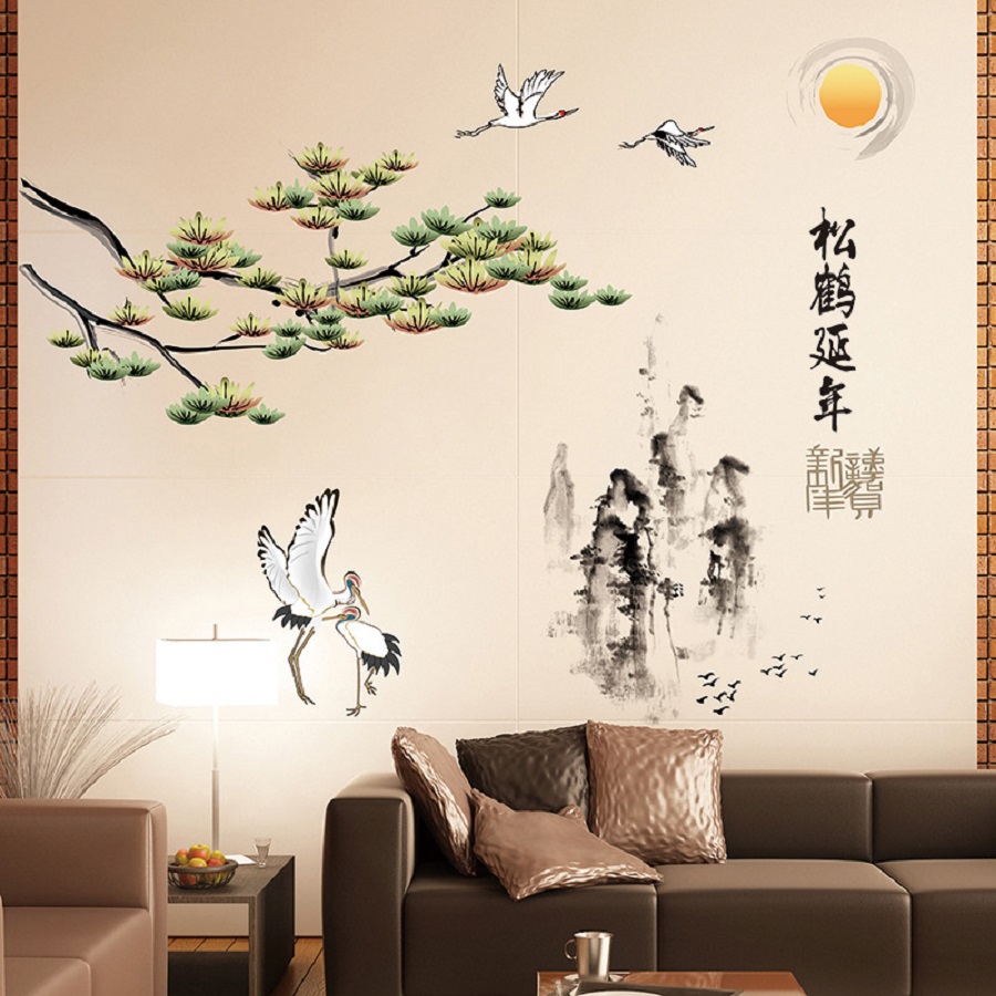 Decal dán tường phòng khách hồ sen phong cảnh Việt Nam thơ mộng - combo Trang trí sang trọng