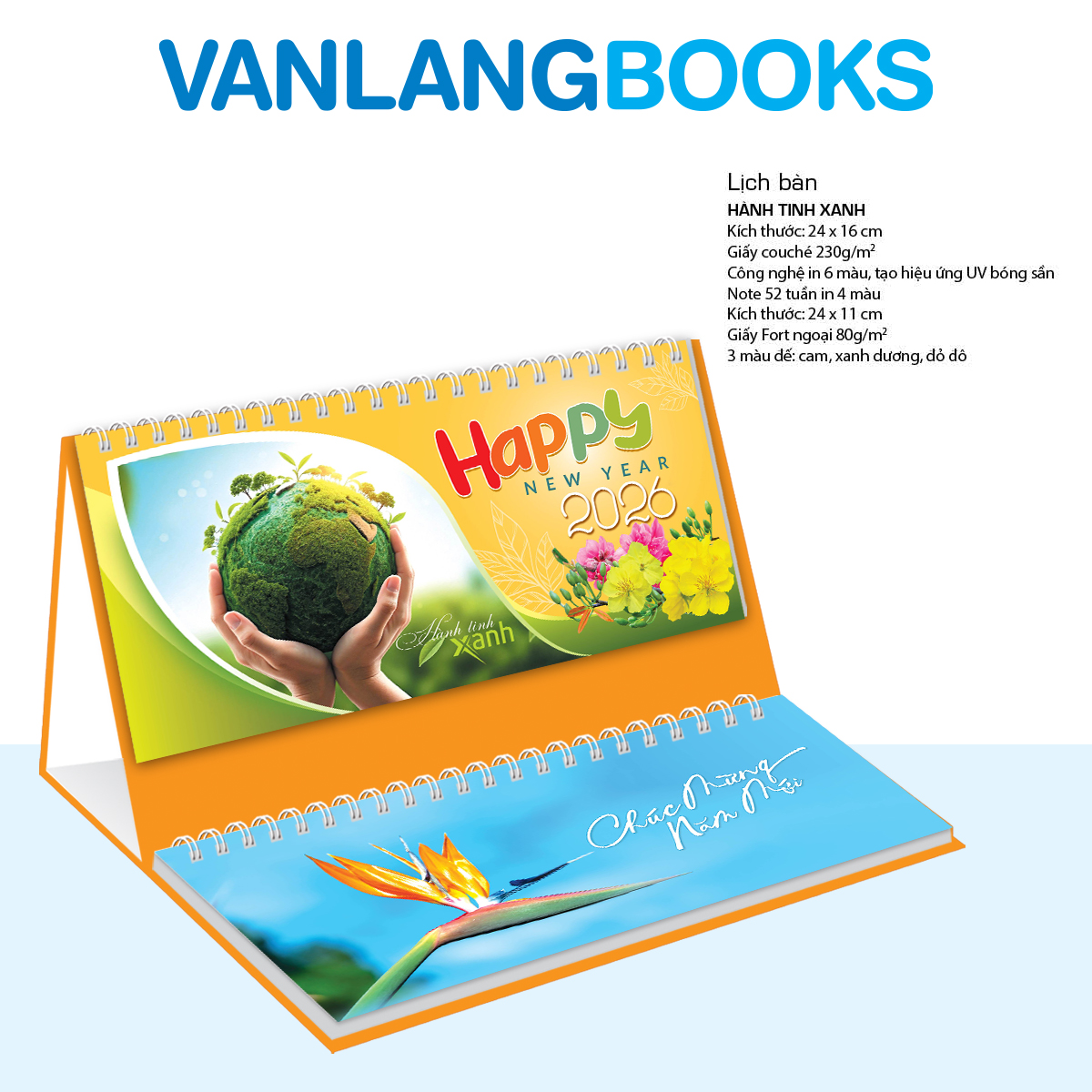Lịch Bàn 2026 Vanlangbooks - Hành Tinh Xanh (VLLB14B) Kèm Note 52 Tuần Tiện Lợi - Màu Cam