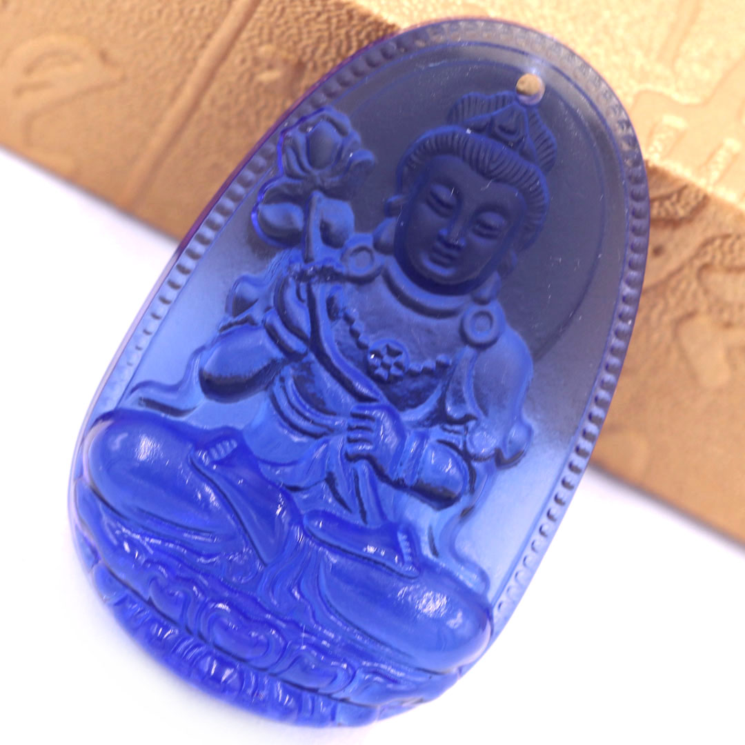 Mặt Phật Đại thế chí 5 cm  thuỷ tinh xanh dương kèm móc và dây chuyền inox, Mặt Phật bản mệnh