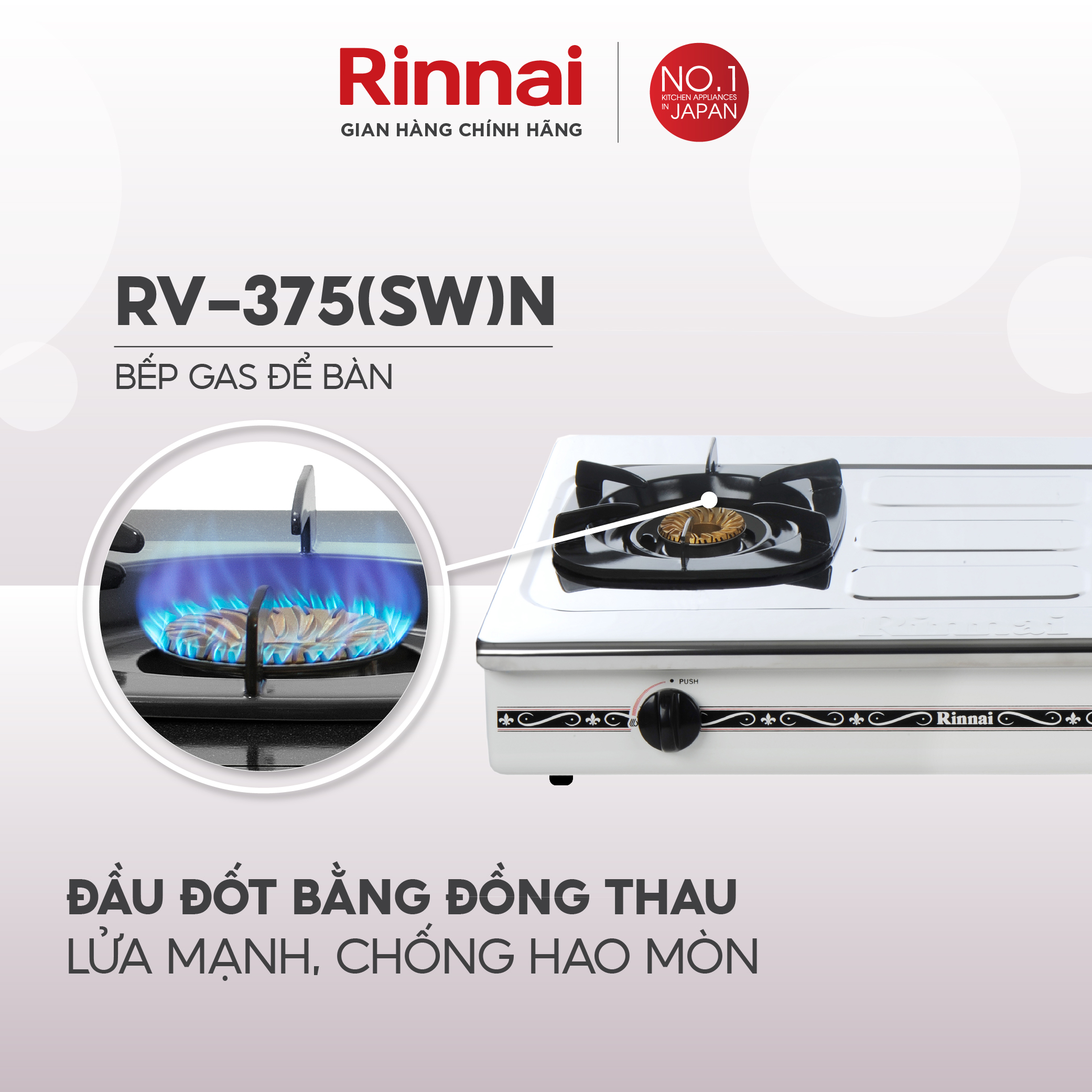 Bếp gas dương Rinnai RV-375N mặt bếp inox và kiềng bếp men - Hàng chính hãng.