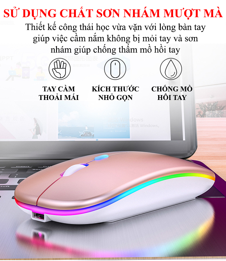 Chuột Không Dây YINDIAO A2 kết nối BLUETOOTH và chip USB 2.4GHz có đèn led 7 màu với nút nhấn không ồn - Hàng Chính Hãng