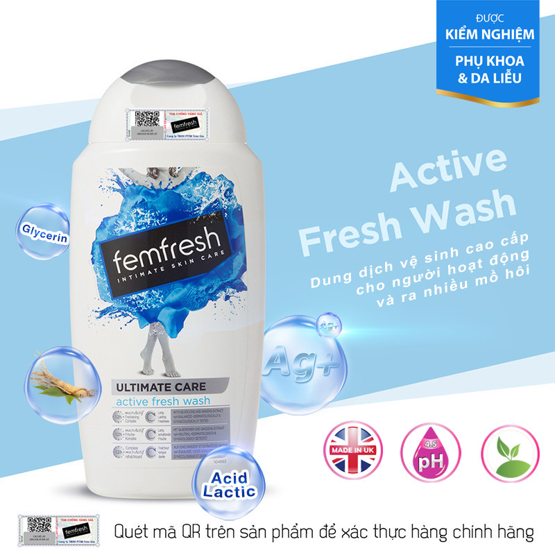 Dung Dịch Vệ Sinh Dành Cho Nam Và Nữ Thường Xuyên Vận Động Femfresh Active Fresh Wash 250ml ( Anh Quốc), làm sạch sâu, thơm mát tạo cảm giác dễ chịu