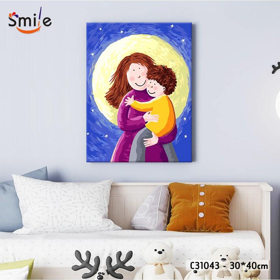 Tranh sơn dầu số hóa tự tô màu theo số cao cấp Smile FMFP Mẹ ôm con C31043