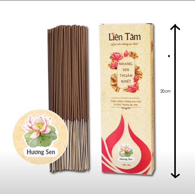 Nhang sen thuần khiết Liên Tâm 20.5cm - 160 cây - hương sen, 100% thiên nhiên, ít khói, mùi dịu nhẹ, dùng cho chung cư, phòng máy lạnh