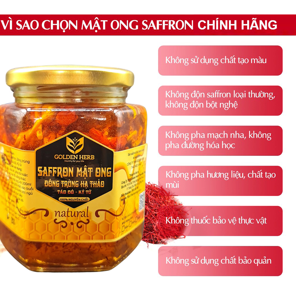 Mật Ong Saffron Đông Trùng Hạ Thảo Táo đỏ Kỷ tử 280ml/lọ Golden Herb