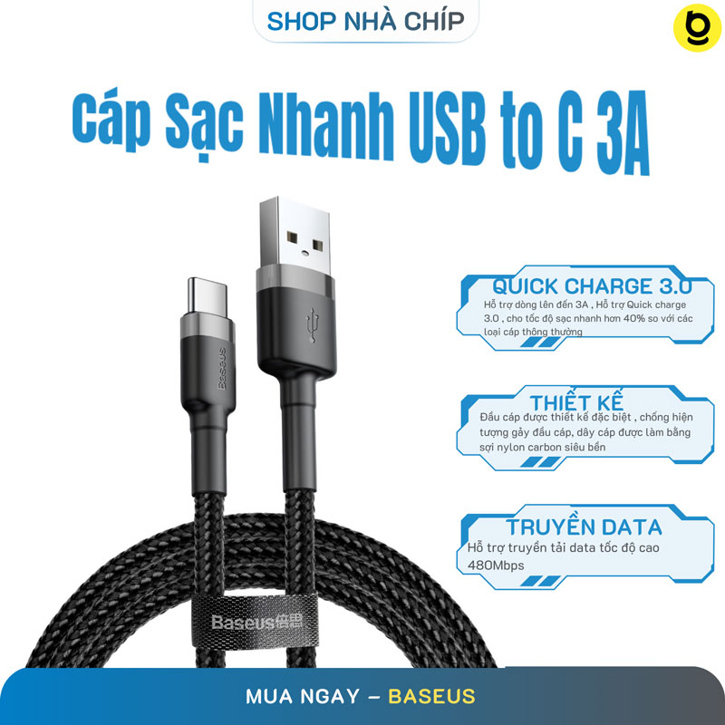 Cáp sạc nhanh, truyền dữ liệu tốc độ cao Baseus Cafule Type C cho Samsung S8S9 Note8 Note9 Xiaomi Huawei OppoNokia  3A, Sạc nhanh Quick charge 3.0, Siêu bền- Hàng nhập khẩu – 1m – xám