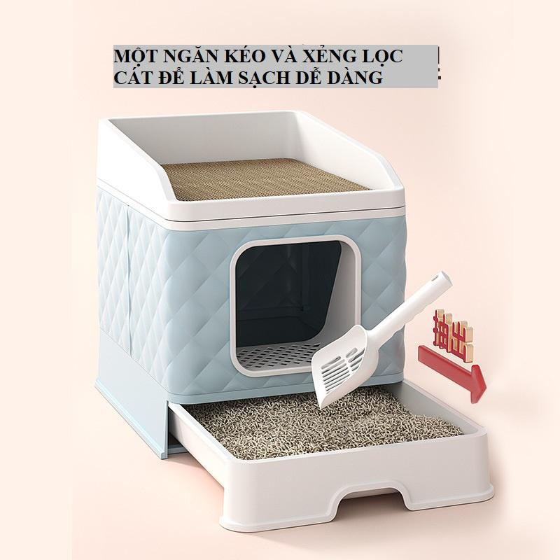 Nhà vệ sinh cho mèo có ngăn kéo khép kín có cửa vào ra riêng chống văng cát, lọc cát kèm xẻng - Genius 79