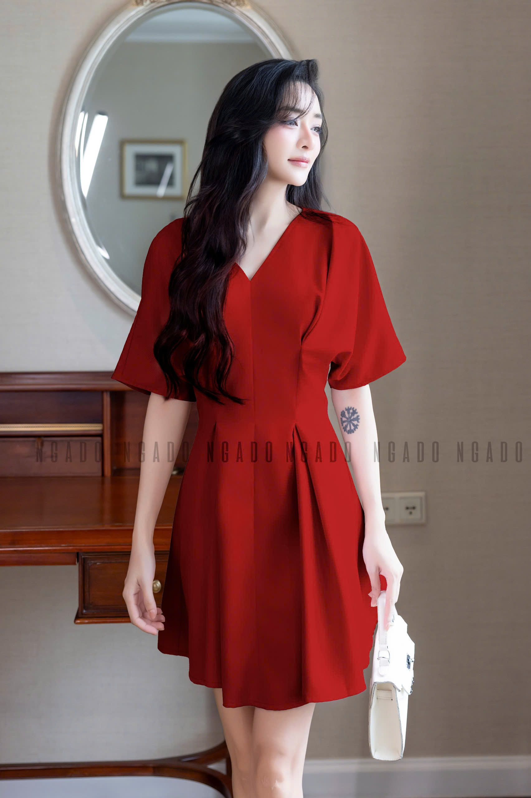 Đầm đỏ cổ V eo xếp ly NGADO , đầm kiểu Nữ , đầm công sở , dự tiệc