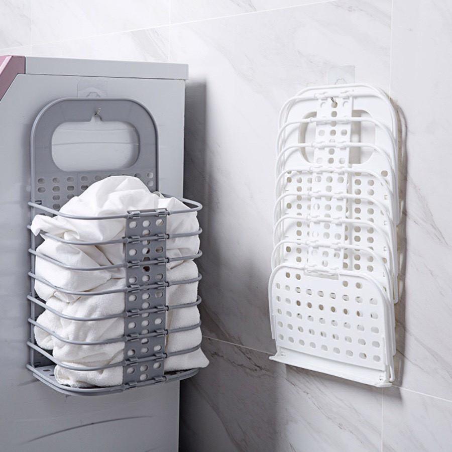 Giỏ Nhựa Đựng Quần Áo Và Đồ Dùng Sinh Hoạt Treo Tường Có Thể Gấp + Tặng Kèm Móc Dán Tường 3D Siêu Kute