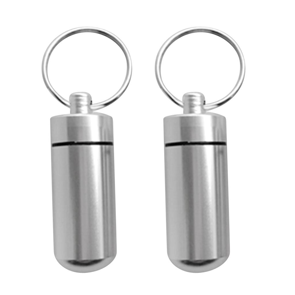 2pcs Aluminum Alloy Waterproof Key Ring Container Pill Storage Box Case Silver