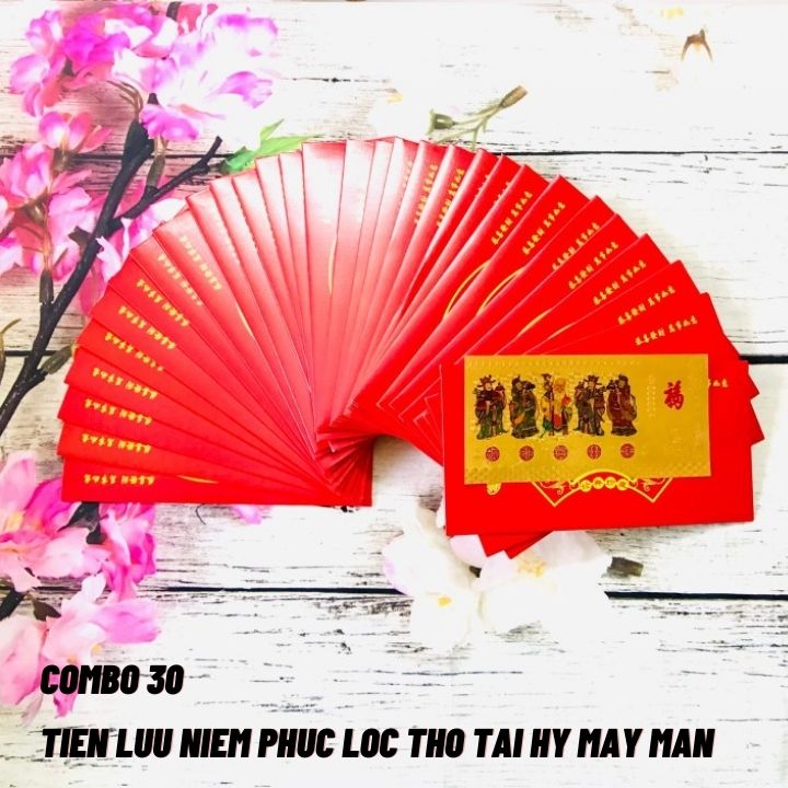 Combo 30 tờ lì xì Phúc Lộc Thọ Tài Hỷ màu vàng may mắn, chất liệu nhựa plastic, dùng để treo trong nhà, trên cây hoa mai, làm tiền lì xì, mừng tuổi, quà biếu tặng dịp Lễ Tết đầy may mắn và ý nghĩa - TMT Collection - SP005146