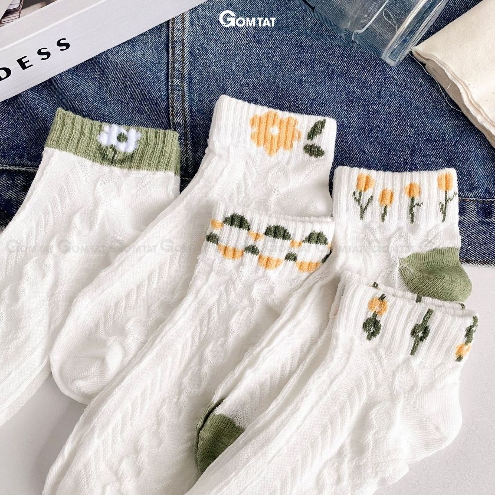 Set 5 đôi tất vớ nữ cổ ngắn GOMTAT họa tiết hoa dễ thương, chất liệu cotton mềm mịn thoáng mát, êm chân - CB093