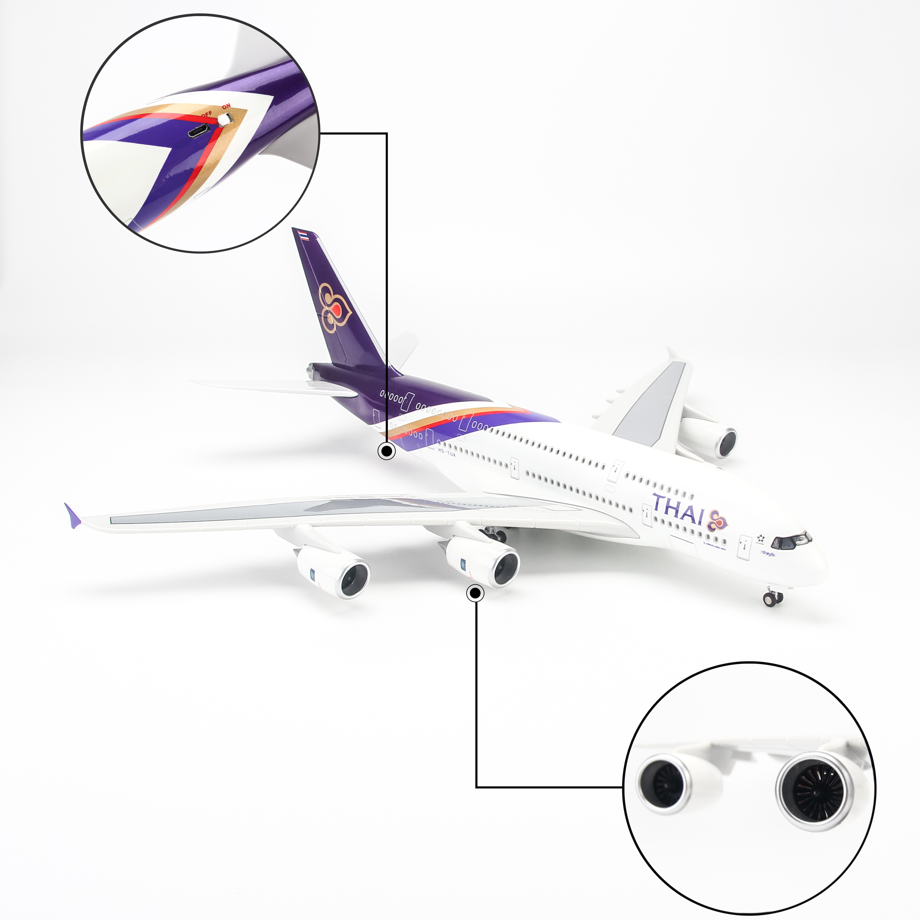 Mô hình máy bay Thai Airways A380 lắp ráp có đèn 47cm MBMH46