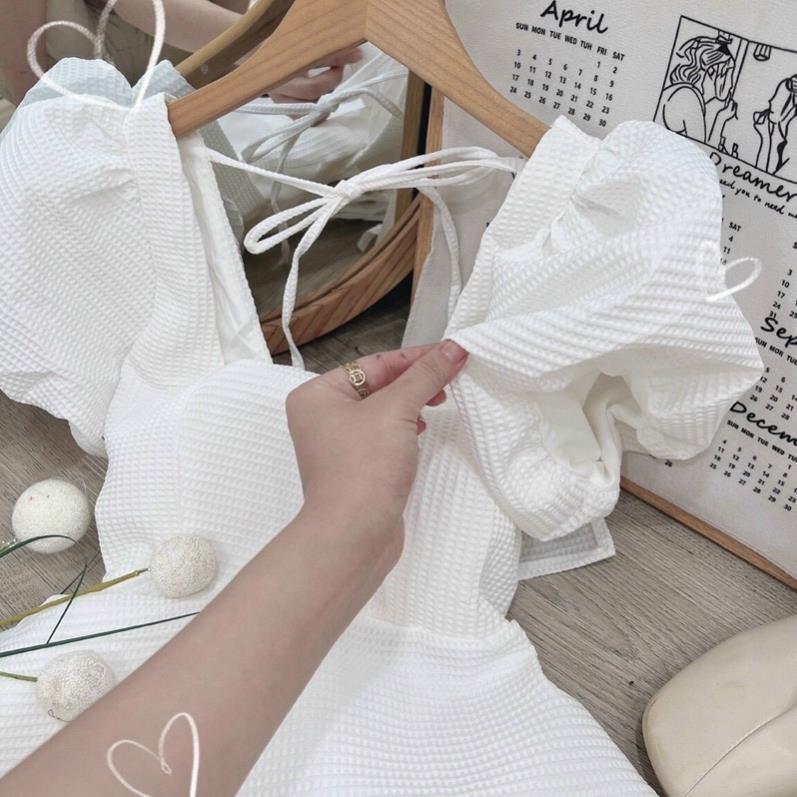 Set áo babydoll xốp cột nơ lưng cổ U tay phồng , quần short