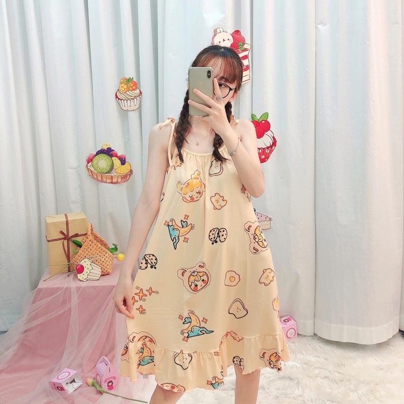 Đầm ngủ 2 dây thắt nơ vai , chất liệu thun sữa mềm mại - xinh xắn