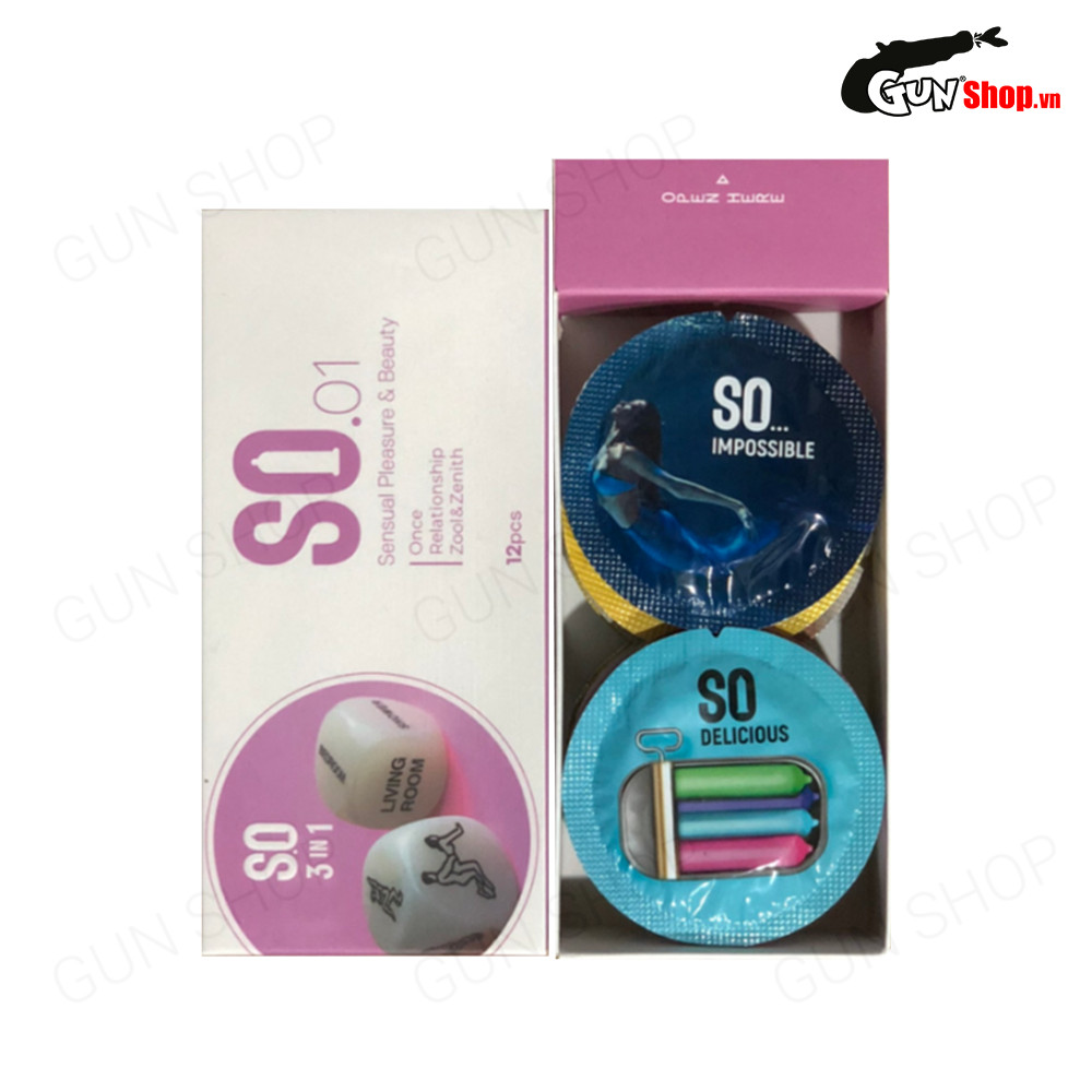 [Hộp 12 cái] Bao cao su SO 3 in 1 - Siêu mỏng, gân và điểm nổi kèm 1 chiếc BCS Gun Super Thin