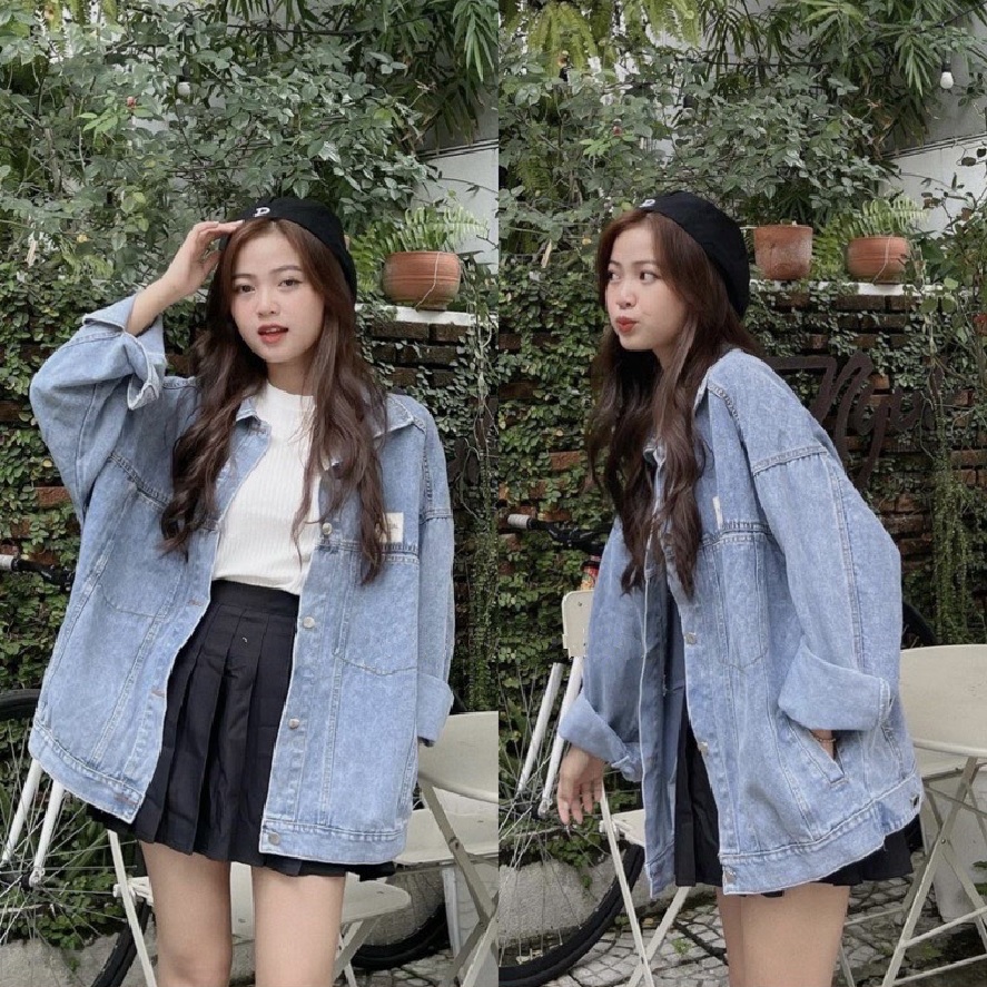 Áo Khoác Jeans Nữ Màu Xanh Nhạt Form Rộng Tay Bồng Có Tag Thêu