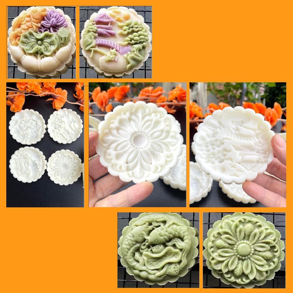 Trung Thu 4 mặt VÂN HOA Sen, Hoa Đồng Tiền, Cá Chép, Non bộ phong thuỷ. Khuôn Bánh nhấn lò xo tạo hình 3D Siêu Sắc