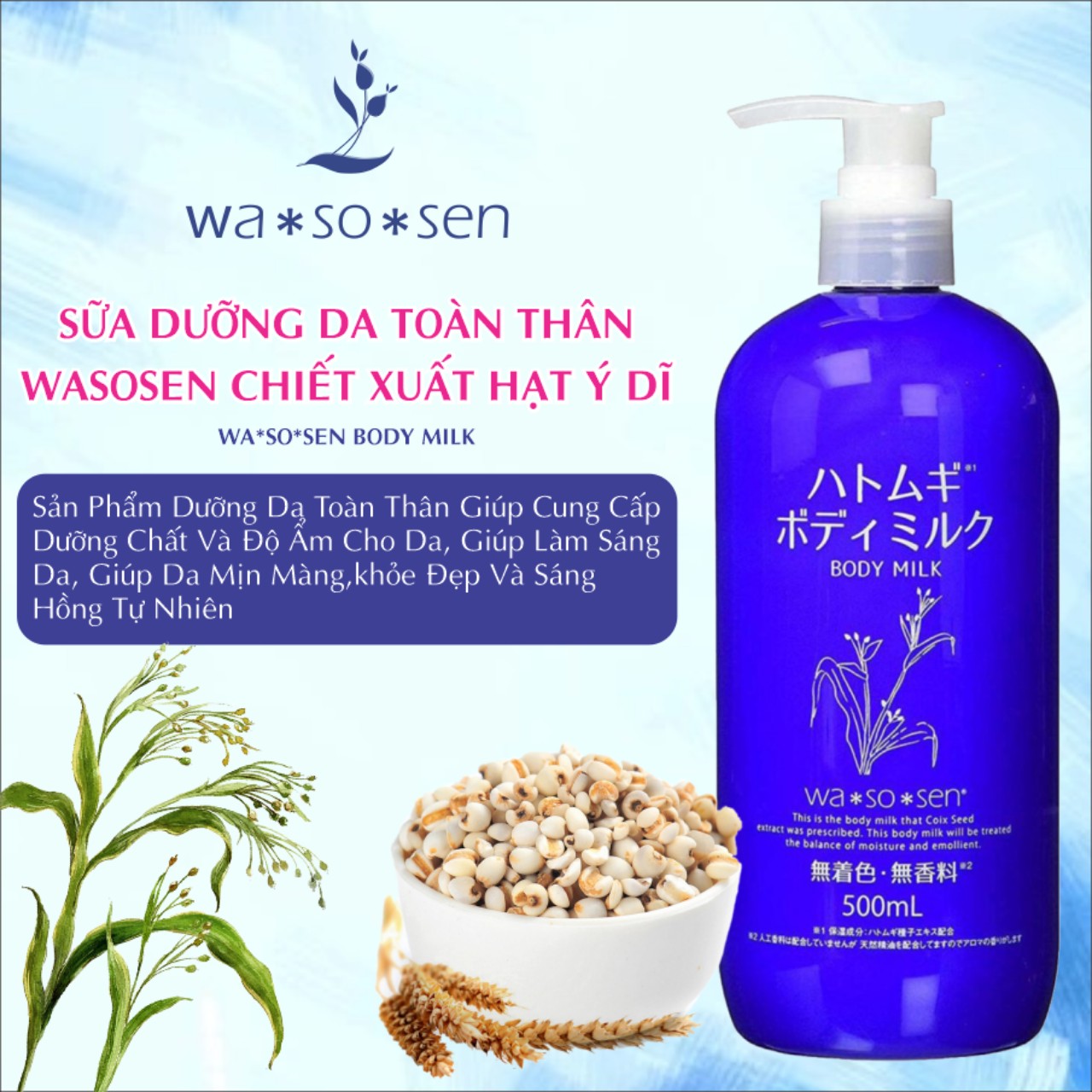 Sữa Dưỡng Thể Dưỡng Trắng Mịn Da Chiết Xuất Hạt Ý Dĩ Wasosen Body Milk Chai 500ml