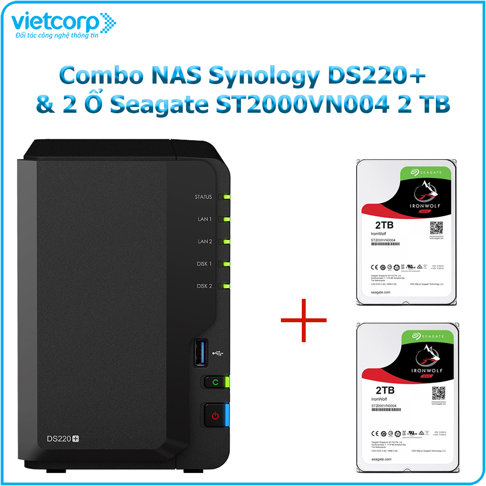 Combo Thiết bị lưu trữ NAS Synology DS220+ và 2 Ổ cứng Seagate ST2000VN003 2 TB - Hàng Chính Hãng