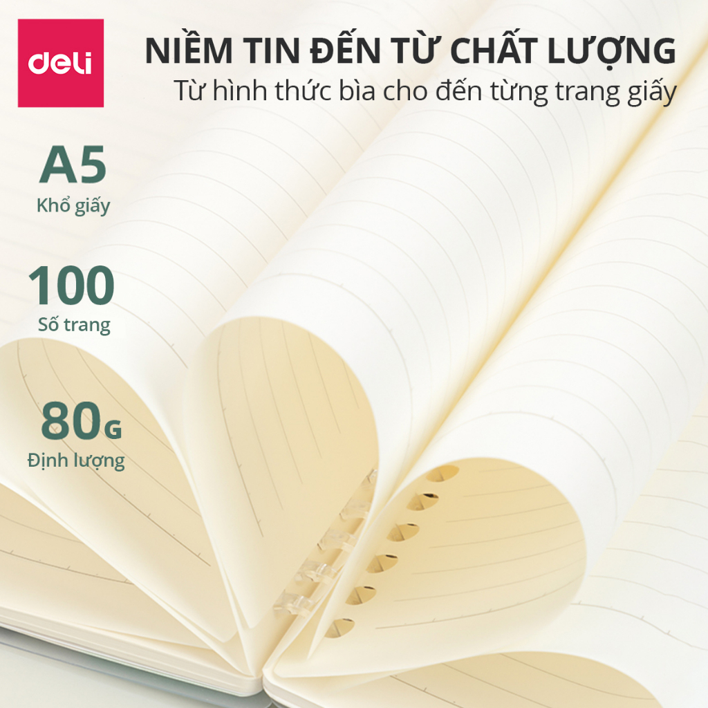 Tập Vở Học Sinh Sổ Còng Dạng Khuyết Binder A5 B5 Kẻ Ngang Deli - 100 Trang Giấy Chống Lóa - Bìa Màu Nâu Vintage, Bìa Trắng, Bìa Xanh Lá - Sổ Tay Ghi Chép Học Tập, Văn Phòng