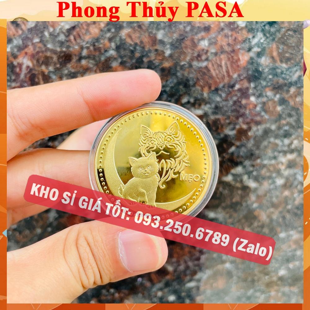 Đồng tiền xu hình con Mèo bằng kim loại vàng + tặng kèm túi gấm đỏ PHÚC - PASA COLLECTION