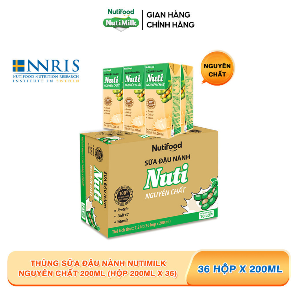 Thùng Sữa Đậu Nành Nutimilk Nguyên Chất 200ml (Hộp 200ml x 36) - Bổ Sung Dinh Dưỡng Từ Hạt Đậu Nành