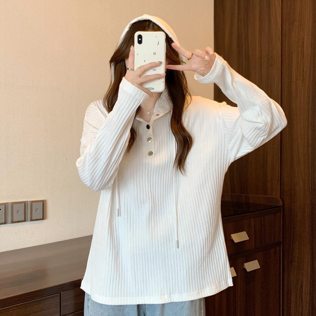 Áo Hoodie Nữ Mỏng Vải Nhung Thun Dài Tay Cúc Bấm