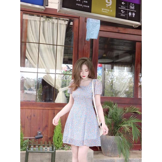 ĐẦM HOA XANH VOAN 2 LỚP TAY NGẮN CỔ VUÔNG DÁNG XÒE-hình thật shop chụp