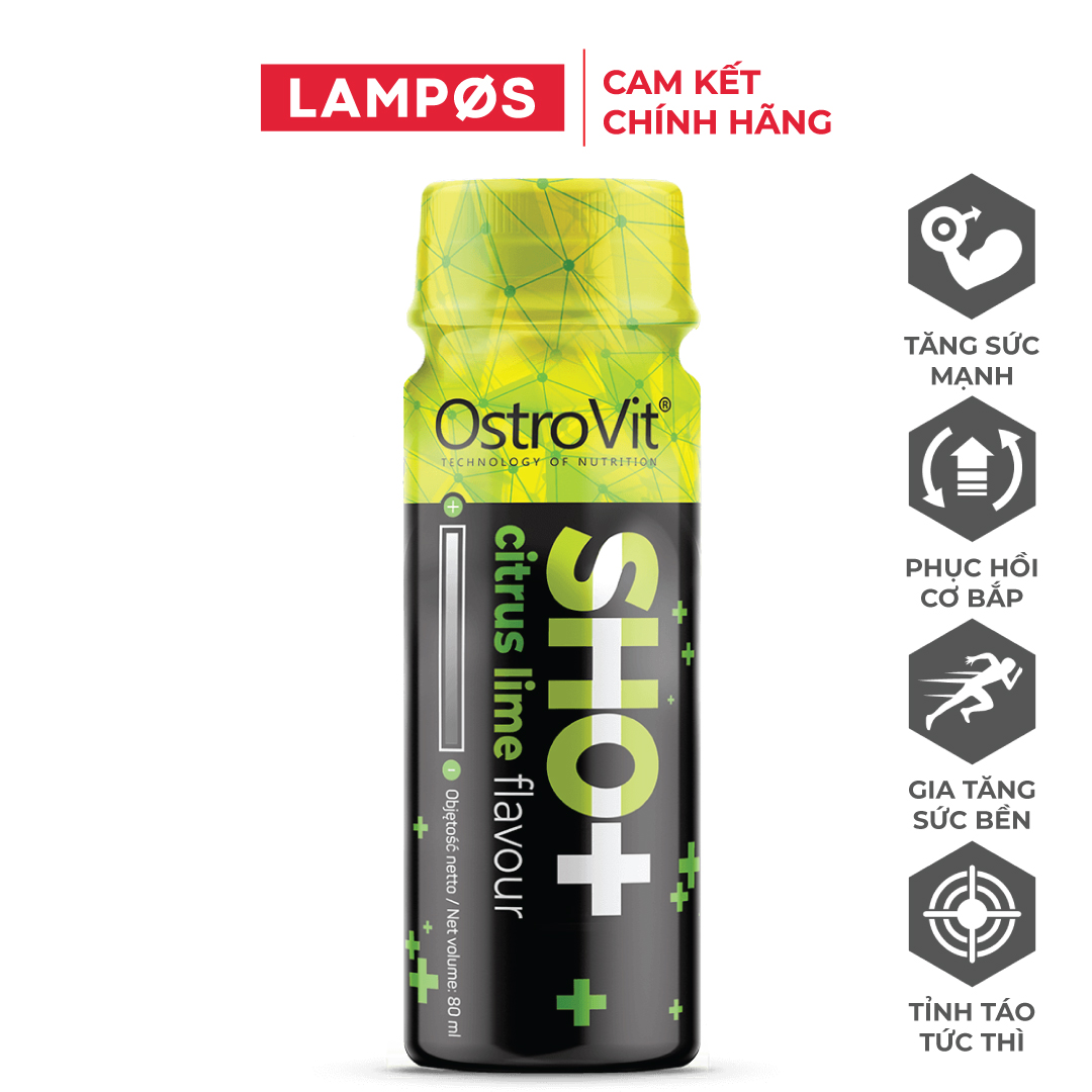 OstroVit Pre-Workout SHOT 80ml (Vị chanh) Nước Tăng Lực, Hỗ Trợ Tỉnh Táo Trước Tập, Tăng Sức Mạnh, Sức Bền