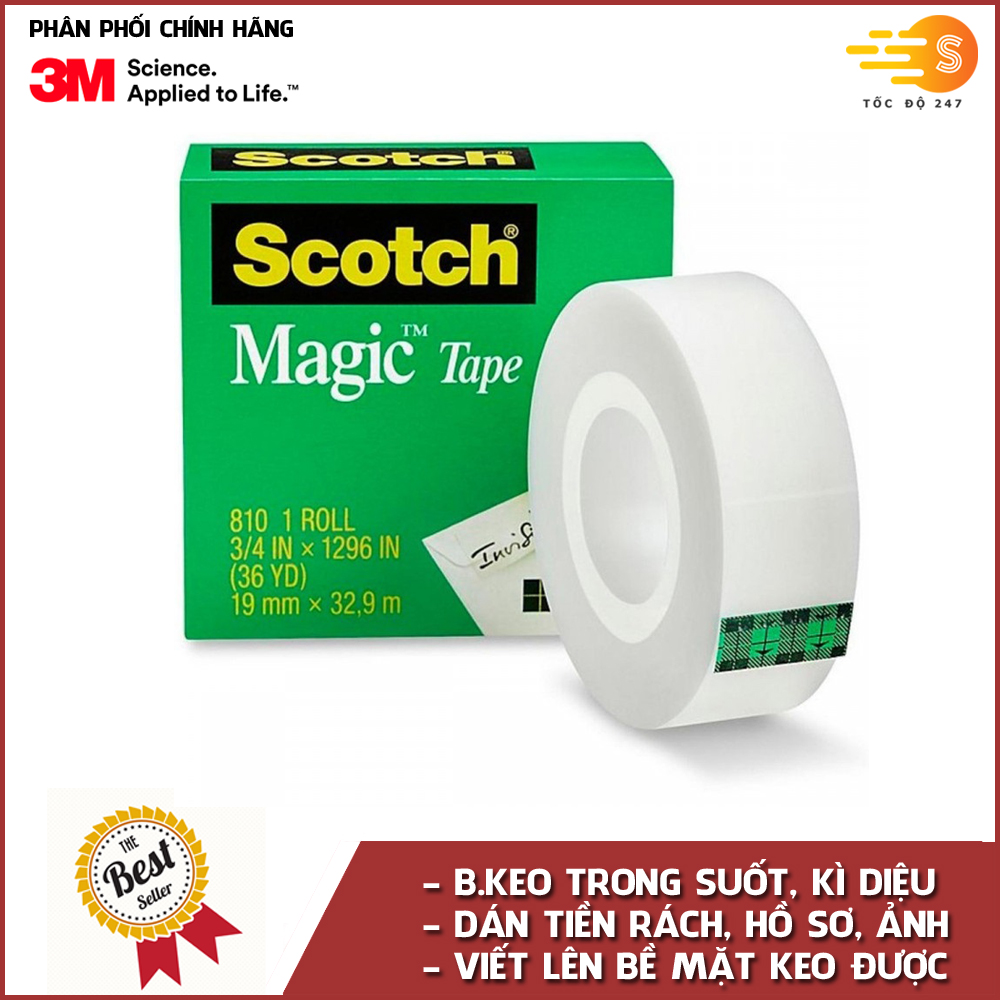 Băng keo đa năng trong suốt kì diệu Scotch Magic Tape 810 - dài 32.9m, dán tiền, hồ sơ, ghi lên được, gói quà, sửa vết rách