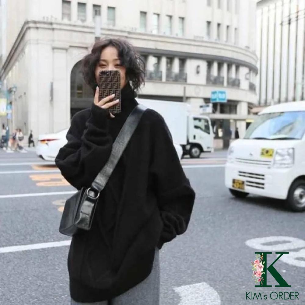 Áo len nữ cổ lọ màu đen trơn basic dài tay phom rộng Unisex phong cách Ulzzang chất đẹp loại 1 dày dặn năng động cá tính
